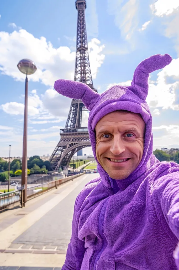 A man wearing a purple bunny suit smiles for the camera in front of the Eiffel Tower. The sky is blue with white clouds, and the background is a city street.  The man's joyful expression makes the image playful and whimsical.