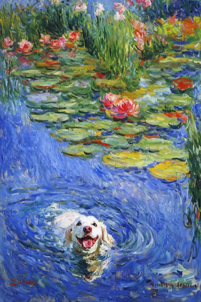 A white dog swims in a pond filled with lily pads. The water is a deep blue and the dog's tongue is sticking out as it looks up at the viewer. The background is a lush green landscape with pink water lilies. The painting is impressionistic in style with visible brushstrokes.