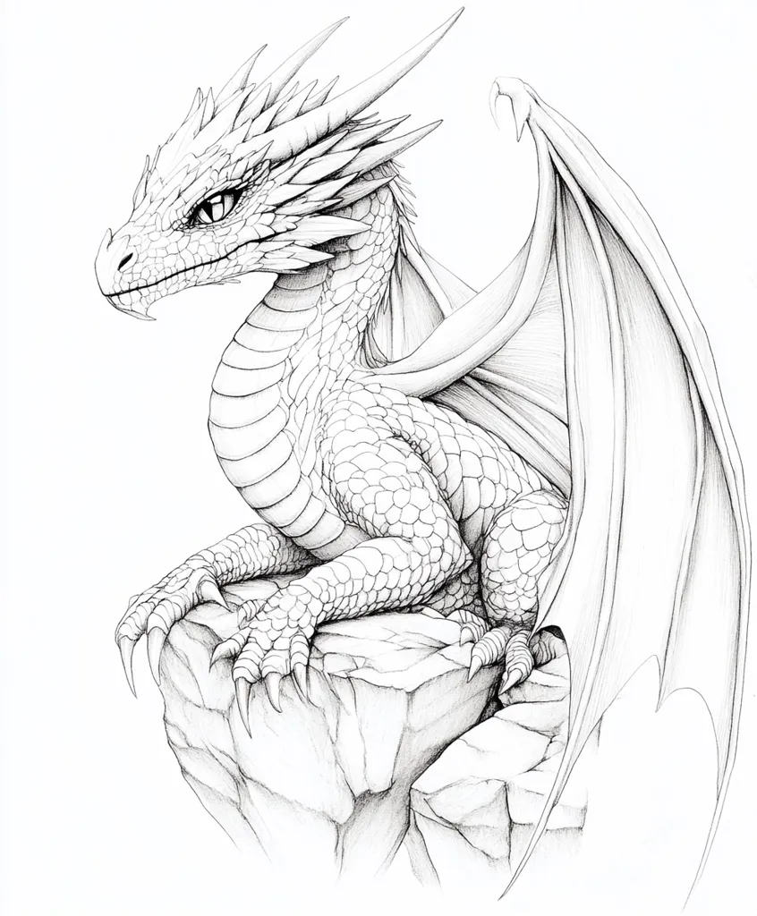 A detailed pencil drawing of a baby dragon perched on a rocky outcropping. Its head is turned to the side, its large eyes looking intensely forward. The dragon's scales are intricately drawn, giving a sense of realism to the mythical creature. Its wings, partially folded, are spread behind it, hinting at the power it will eventually possess. The drawing is done in shades of gray, creating a sense of depth and detail.