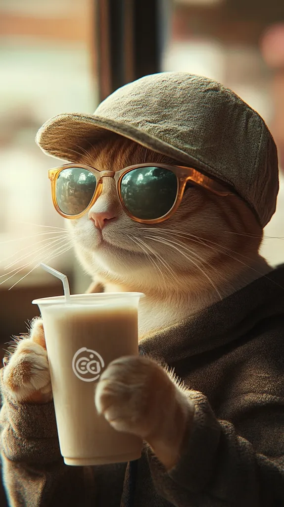 A cat wearing a brown cap and sunglasses holds a cup of coffee with a straw, looking thoughtful and relaxed. Its orange fur and brown eyes contrast against the beige cap and white cup. The cat's paws are visible as it holds the cup with a relaxed demeanor. The setting appears to be indoors, possibly near a window. The image captures a moment of casual coolness and contemplation.