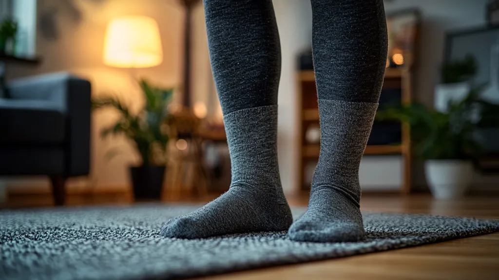A person is wearing a pair of grey socks. Their feet are planted firmly on a grey carpet, with a wooden floor visible underneath. The background is blurred, showing a couch and a houseplant, suggesting a living room setting. The socks are made of a textured material, and the overall image conveys a sense of comfort and relaxation.