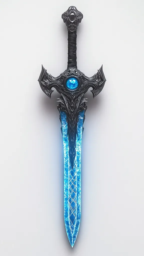 The image shows a fantasy sword with a black handle and a blue blade. The blade is intricately detailed, and it appears to be made of ice. The sword is set against a white background. The sword has a large, blue gemstone set into the pommel.  The sword is a powerful and magical object, suggesting a story of bravery and adventure.