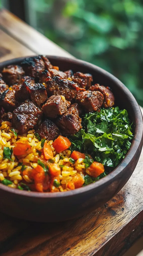 A wooden bowl overflowing with a delicious and hearty meal. The bowl is filled with tender, caramelized meat chunks, fluffy yellow rice, bright orange carrot pieces, and a vibrant green bed of chopped greens. The image captures the warmth and inviting nature of the dish, showcasing a blend of flavors and textures that promise a satisfying culinary experience.