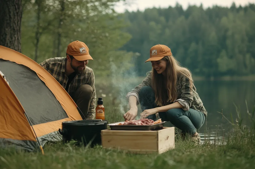 A couple is camping by a lake. They are cooking meat on a grill while the tent is set up behind them. The woman is smiling while the man is looking at the grill.  The woman is wearing a plaid shirt and jeans while the man is wearing a plaid shirt and khakis. They both have on matching orange baseball caps. There is a bottle of oil near the grill.  The scene is peaceful and relaxing.