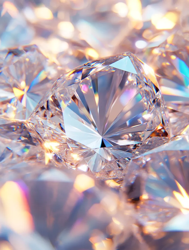 A close-up shot of a large, faceted diamond, surrounded by other diamonds. The large diamond is in focus, with its facets reflecting light in a myriad of colors. The other diamonds are out of focus, creating a shimmering, ethereal background. The image captures the beauty and brilliance of diamonds.