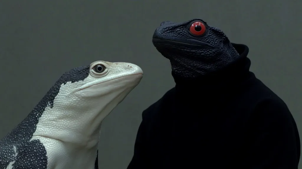 Two lizards, one black with red eyes and one white with black spots, look at each other. The black lizard is wearing a black turtleneck sweater. The background is a muted gray.  They appear to be in a studio setting.  The image has a mysterious and slightly unsettling feel.