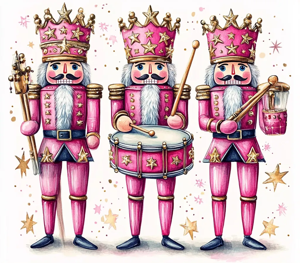 Three pink nutcracker soldiers stand in a row against a white background with gold stars.  The soldier in the middle plays a drum, the soldier on the left holds a pair of drumsticks, and the soldier on the right holds a candlestick.  They all wear gold crowns and have painted faces.  The watercolor illustration is festive and whimsical.