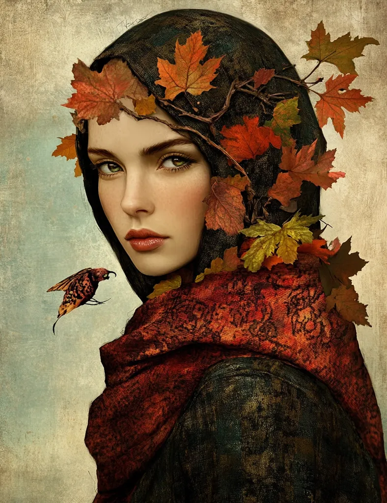 The painting depicts a woman with long dark hair, adorned with a wreath of autumn leaves. Her gaze is directed towards the viewer, her expression a mix of melancholy and longing. She is dressed in a dark green coat with a vibrant red scarf wrapped around her neck. A small, stylized bird with insect-like features is flying near her shoulder, adding a touch of whimsy and surrealism to the scene. The background is a muted canvas, creating a sense of depth and mystery.  The image evokes feelings of autumnal beauty, introspection, and a hint of magic.