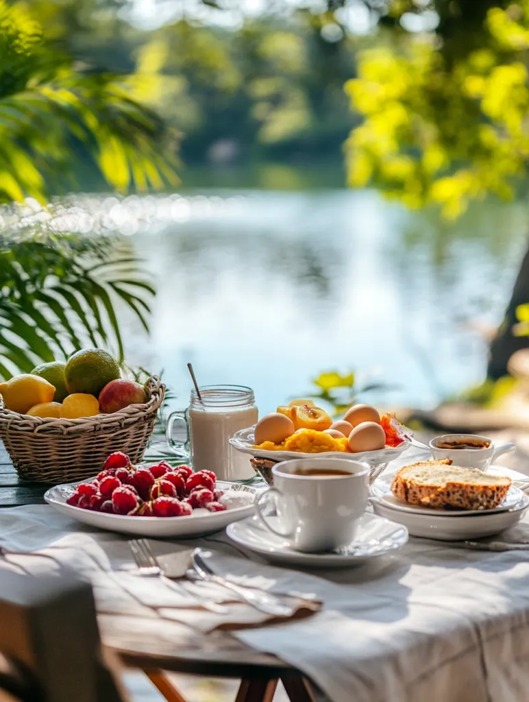 A breakfast table is set outdoors with a white tablecloth, overlooking a lake. The table is filled with fresh fruit, including lemons, limes, raspberries and peaches. There are also eggs, toast, and a cup of coffee. The setting is peaceful and serene, with lush green foliage in the background. The table is bathed in the warm glow of the sun, making it a perfect setting for a leisurely breakfast.