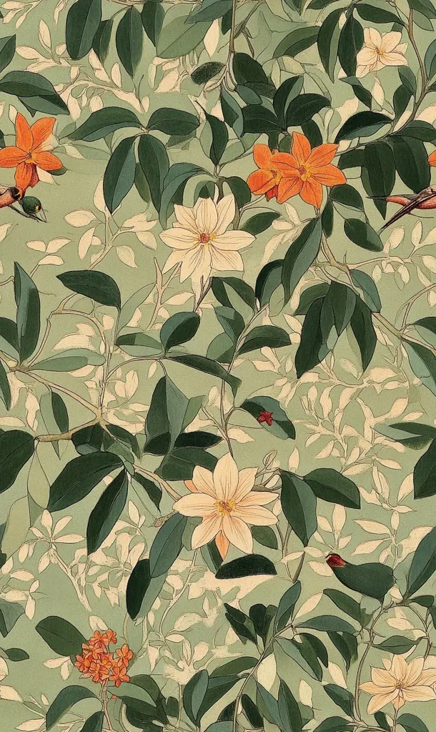 A vintage botanical illustration features a dense, lush foliage with intricate details.  Large, white flowers with prominent yellow centers bloom amidst the leaves, while smaller clusters of orange flowers add pops of color.  Delicate, light green leaves create a textured background, giving the impression of a vibrant, tropical garden.  The image has a delicate, almost ethereal quality, capturing the beauty of nature in a timeless style.
