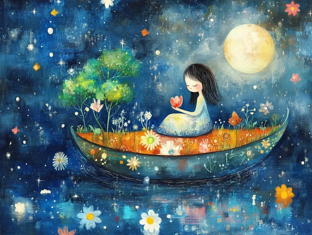 A young girl sits in a crescent-shaped boat, surrounded by flowers and greenery, sailing through a starry night sky. The full moon glows brightly in the upper right corner of the painting, casting a soft, ethereal light on the scene. The girl's long black hair flows around her as she holds a red flower, evoking a sense of peace and wonder. The painting's whimsical style and vibrant colors create a magical and dreamlike atmosphere.