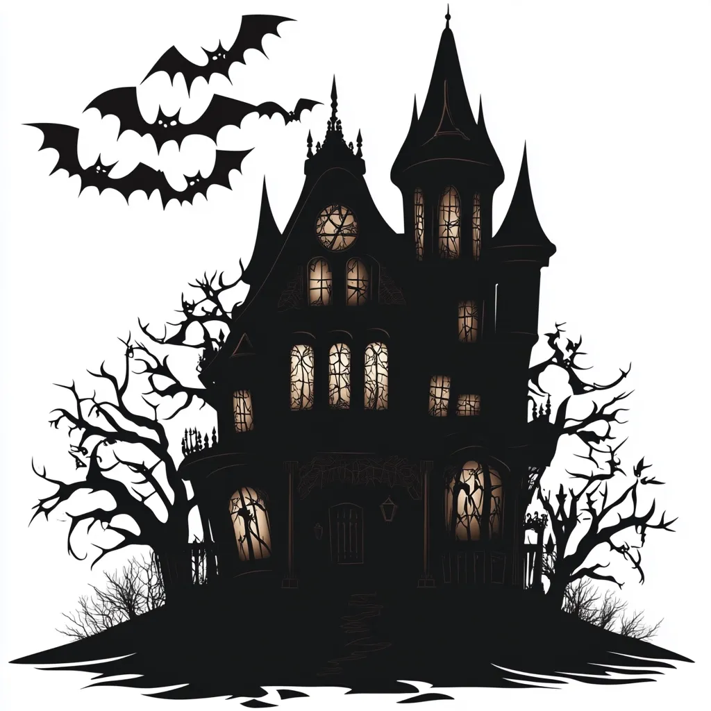 A large, dark silhouette of a spooky Victorian house with multiple windows. It has a tall, pointed roof and a few crooked chimneys. A bare tree stands beside the house, and several bats are flying overhead. The only source of light comes from glowing windows.  The scene evokes a mysterious and slightly ominous atmosphere.