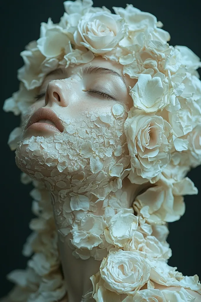 A woman's face is covered in white flower petals. Her eyes are closed and her lips are slightly parted. The petals are arranged in a delicate and intricate pattern, creating a beautiful and ethereal effect. The woman's skin is pale and smooth, and her hair is hidden beneath the petals. The image is captured against a dark background, which highlights the delicate beauty of the flowers.  The overall mood is serene and tranquil.