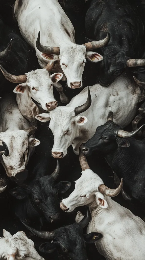 A chaotic scene unfolds as a group of white and black cattle jostle for position. Their horns are interlocked, and their faces are pressed together, creating a tangled mass of fur and muscle.  The scene is lit by a soft, warm light, highlighting the texture of the animals' hides.  The image captures a moment of raw power and energy, as the animals compete for dominance.