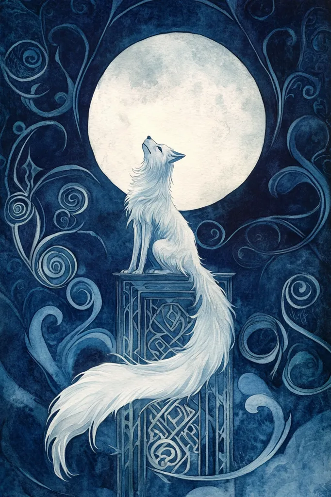 A white wolf with a long, flowing tail sits on a stone pedestal against a backdrop of a large, full moon and a dark, swirling blue sky. The wolf is looking up at the moon, its head tilted back in a gesture of adoration. The image is done in a watercolor style, with soft, ethereal colors. The swirling patterns in the sky add a sense of magic and wonder to the scene.