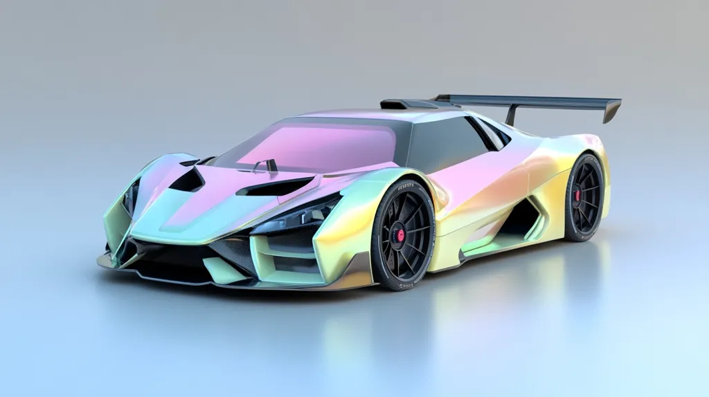 The image shows a sleek, futuristic sports car with a vibrant, iridescent paint job. The car has a low profile, aggressive lines, and a large rear wing. The paint shimmers with shades of pink, blue, and green, creating a striking visual effect. The car is photographed against a plain white background, emphasizing its sharp angles and bold design.