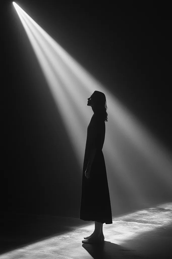 A single spotlight illuminates a woman's silhouette in a dark room. She stands with her head tilted back, her long hair flowing down her back. She is wearing a long, flowing dress that casts a shadow on the ground. The light creates a dramatic effect, highlighting her form and creating a sense of mystery and intrigue.  The stark black and white contrast further emphasizes the feeling of isolation and contemplation.