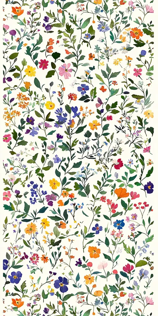The image is a dense, vibrant floral pattern. It features a variety of flowers in various shades of pink, red, orange, yellow, blue, purple, and green. The flowers are depicted with delicate, watercolor strokes on a white background, creating a whimsical and airy feel. The image evokes a sense of spring and summer, capturing the beauty of blooming wildflowers.