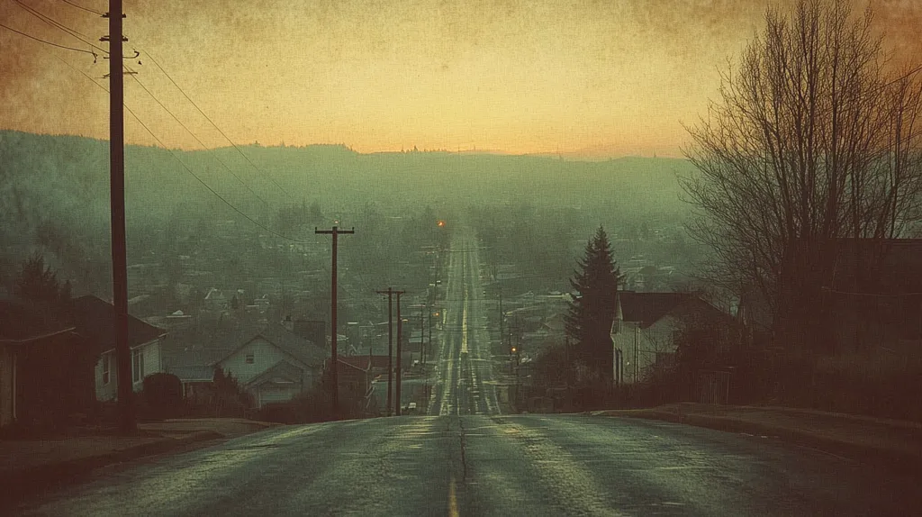 A long, straight road stretches into the distance, disappearing into a hazy mist.  The road is lined with houses and trees, all silhouetted against the soft, golden light of the setting sun. The scene is bathed in a warm, nostalgic glow, suggesting a sense of peace and quiet.  The image has a vintage, almost dreamy quality, as if captured through a faded photograph.