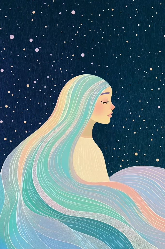 A woman with long, flowing, teal hair is shown in profile. She is against a background of a dark, starry sky. Her eyes are closed, and she appears to be at peace. The image is soft and dreamy, with a calming and ethereal feel. The woman's hair swirls around her in a gentle, graceful way, creating a sense of movement and fluidity.  The image is a representation of peacefulness and tranquility.