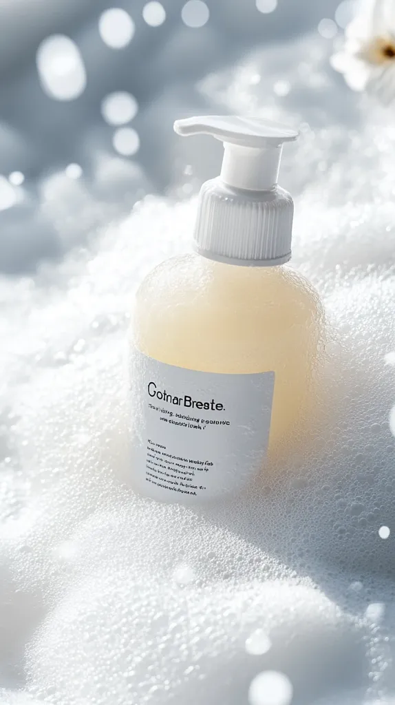 A white pump bottle with a clear liquid inside, labelled "GotnarBreste." The bottle is sitting on a white, bubbly surface, with a blurred white background. There are small white dots scattered throughout the image. The bottle appears to be a beauty product. The image is soft and calming, and the product looks luxurious.
