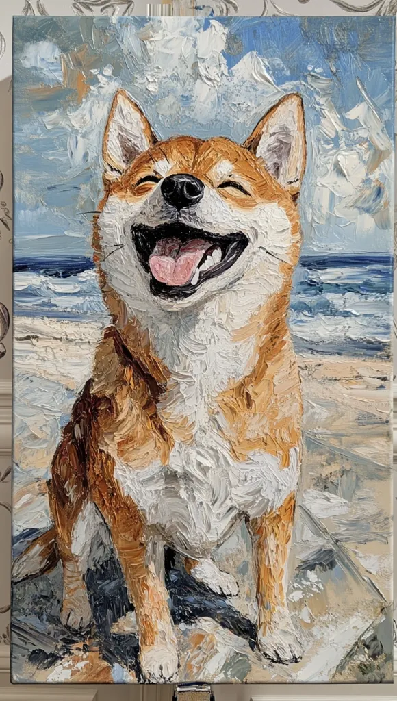 A joyful Shiba Inu dog, painted in a thick, textured style, is the focal point of this artwork. It sits on a beach with a backdrop of blue water and sky, its mouth wide open in a happy grin, revealing its tongue and teeth. The dog's fur is depicted in shades of brown, white, and orange, with thick brushstrokes creating a sense of movement and texture. The painting captures the dog's lively spirit and the carefree joy of being by the sea.