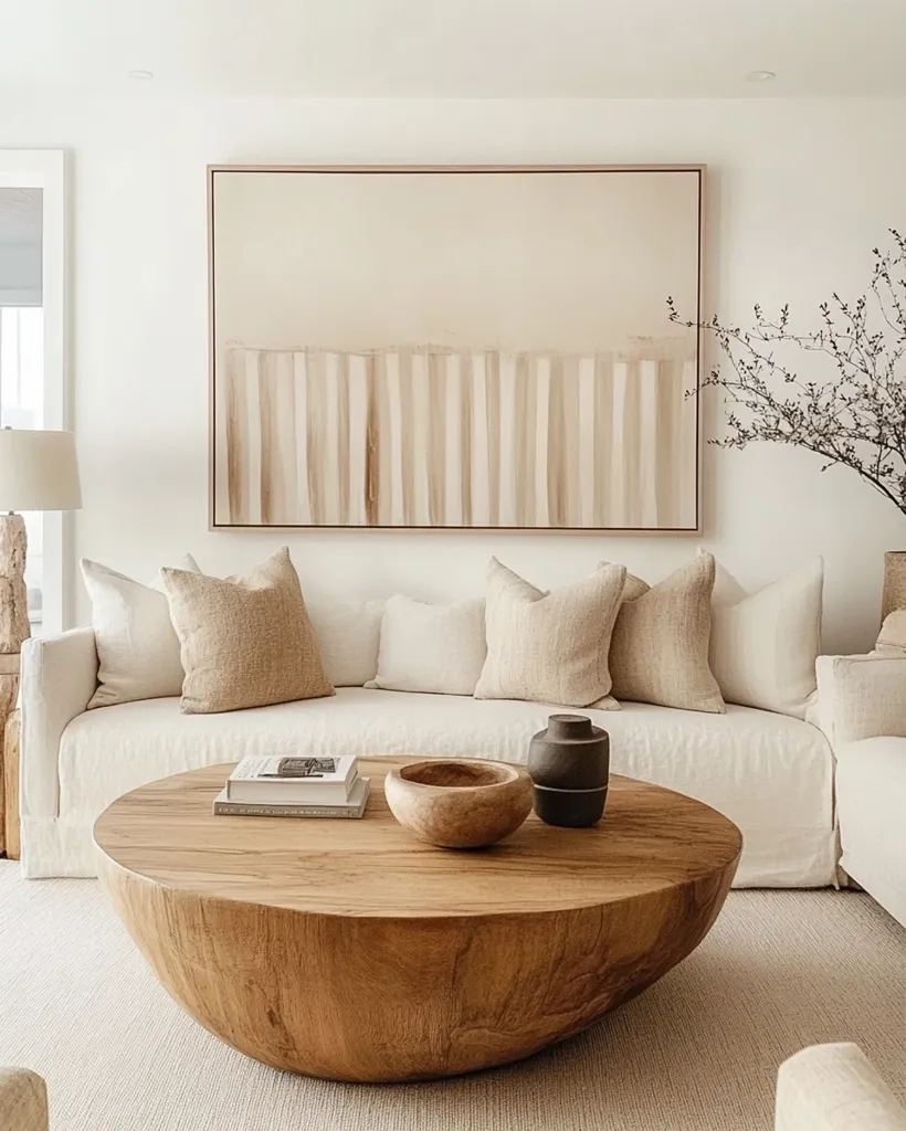 A living room with a white sectional sofa and a large wooden coffee table.  The sofa is decorated with beige throw pillows and the coffee table has a wooden bowl and a black vase.  A large abstract painting hangs on the wall above the sofa. The room has a modern, minimalist aesthetic.  The soft beige and white tones create a calming atmosphere.  A small dried flower arrangement in a vase sits on the table.  The room is bathed in soft natural light.