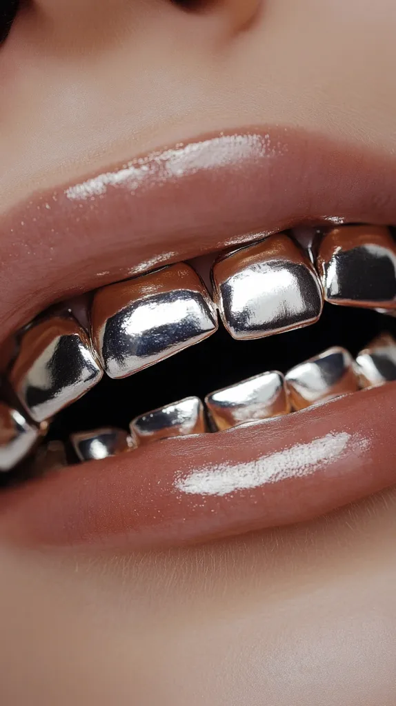 A close-up shot of a person's mouth. The lips are a glossy nude color, and the teeth are covered in silver grills. The image is focused on the teeth and lips, creating a bold and glamorous look.  The lighting is soft, highlighting the glossiness of the lips and the shine of the grills.