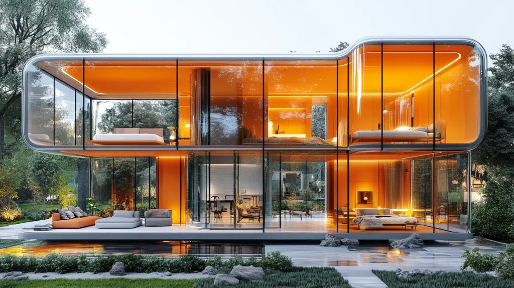 A modern, glass-walled house with an orange interior glows with warm light. The house has two levels, both with large windows offering views of the surrounding greenery. The lower level opens onto a patio with comfortable seating, while the upper level features bedrooms with minimalist furnishings. The house is a testament to sleek design and the integration of nature with modern living.