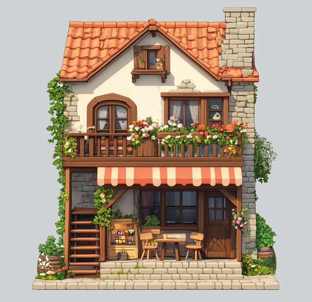 A charming two-story building with a red tiled roof and a white facade. The building has a wooden balcony adorned with vibrant flowers and a striped awning over the entrance. The ground floor features a wooden door, a window, and a small patio with tables and chairs. The building is surrounded by lush greenery and potted plants, creating a cozy and inviting atmosphere. The detailed stonework and wooden accents add to the rustic charm of the structure.