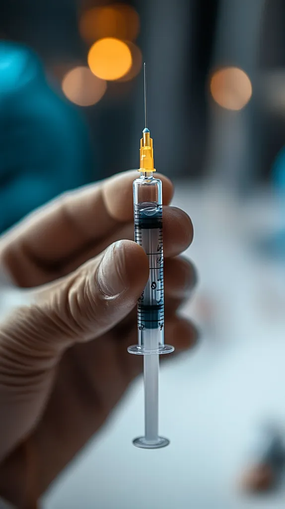 A gloved hand holds a syringe filled with a clear liquid. The needle is pointed up and the syringe is in focus, while the hand and the background are blurred. The image has a sterile and clinical feel, suggesting a medical setting.  The subject is likely a healthcare worker preparing to administer a shot.