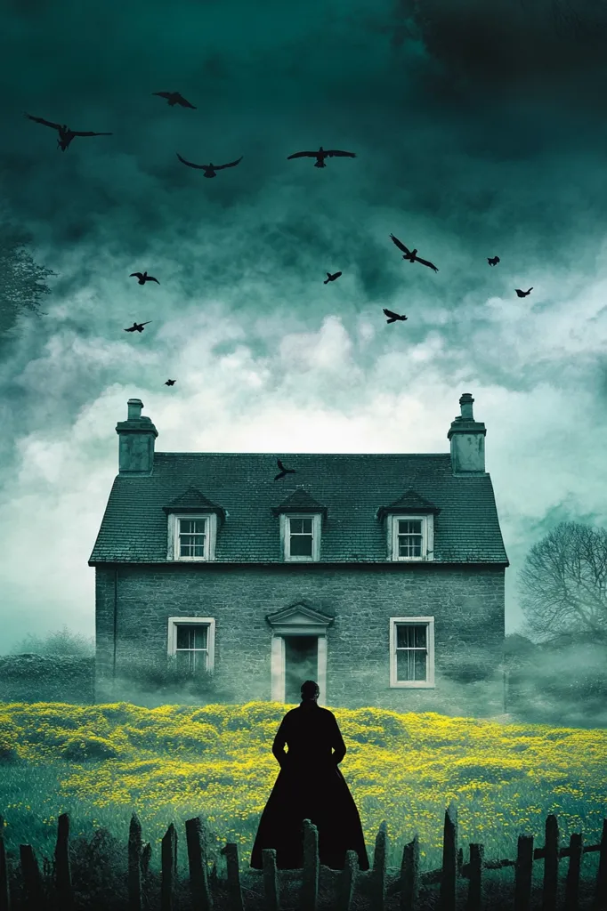 A solitary figure in a long coat stands before a stone house, silhouetted against a field of yellow flowers. The house has a slate roof and is surrounded by a low fence. The sky is a muted green, with numerous birds flying overhead. The scene evokes a sense of mystery and solitude.