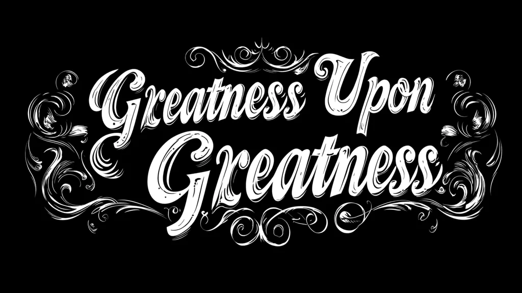 The image depicts the phrase "Greatness Upon Greatness" written in a stylized, white font against a black background. The font is bold and cursive, with decorative flourishes and swirls around the words, giving it a vintage or antique feel. The phrase implies a sense of ambition, achievement, and exceeding expectations.