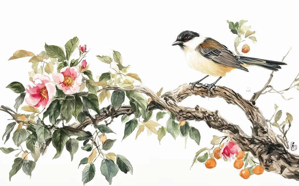 The watercolor painting depicts a small, grey and white bird perched on a branch of a flowering tree. The tree is laden with delicate, pink blossoms and small, orange fruits. The bird has a black head and a long, slender tail. The painting is done in a traditional Chinese style, with fine brushstrokes and a focus on detail. The background is a simple white, which allows the subject matter to stand out. The overall effect is one of peace and tranquility.