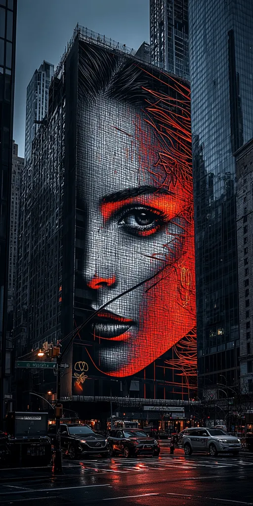 A large mural of a woman's face, rendered in shades of red and black, dominates the side of a building in a dense urban setting. The building is situated amongst tall, dark skyscrapers. Cars navigate a wet, gleaming street below the mural, adding to the city's dynamic ambiance. The mural's striking presence contrasts with the cool, sleek lines of the surrounding architecture.
