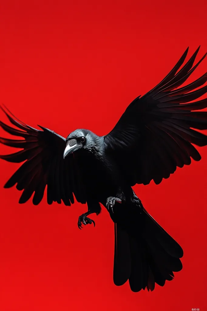 A black crow with outstretched wings flies against a bright red background. The crow's head is turned slightly to the side, revealing its sharp eyes and beak. The wings are spread wide, creating a dramatic silhouette against the bold red backdrop. The image evokes a sense of mystery and intrigue.