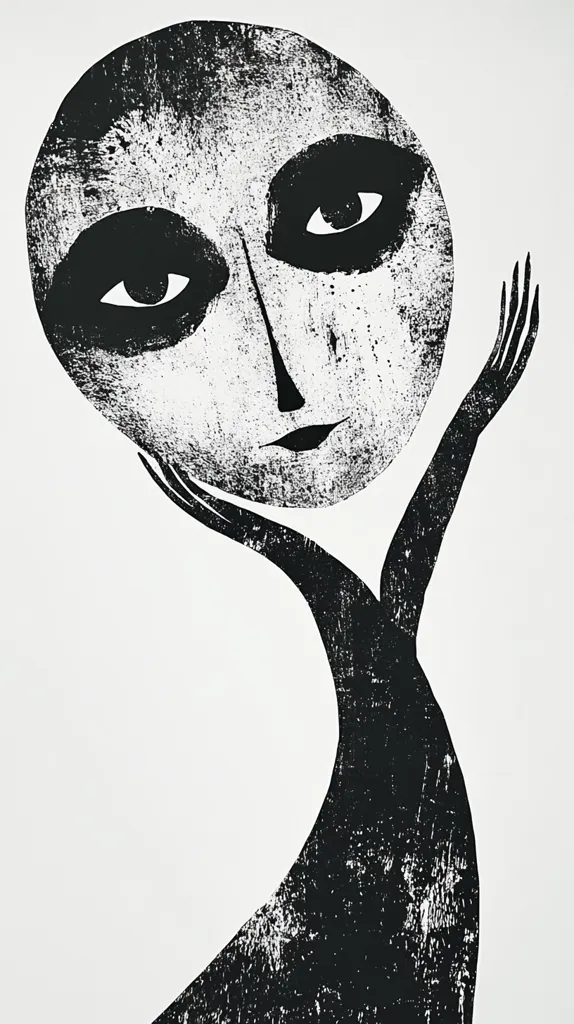 The image is a black and white illustration of a stylized human figure. The figure has a large, round head with prominent eyes and a slight smile. The head is held aloft by two arms that curve out and down, creating a dramatic silhouette. The illustration has a rough, textured quality, suggesting it was created using a printmaking technique. The composition is simple and bold, with a focus on the expressive lines and shapes of the figure. The image has a slightly mysterious or even haunting feel.