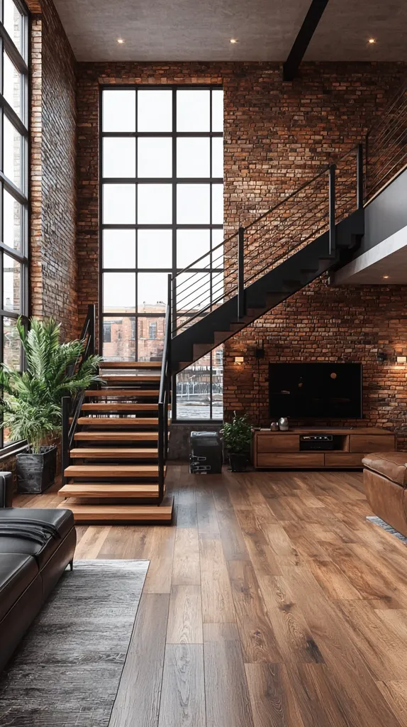 The image shows a modern loft apartment with exposed brick walls, a large window, and a sleek black metal staircase. The room features hardwood floors, a black leather couch, and a  flat-screen TV mounted on the wall. The industrial style design creates a spacious and stylish living area.