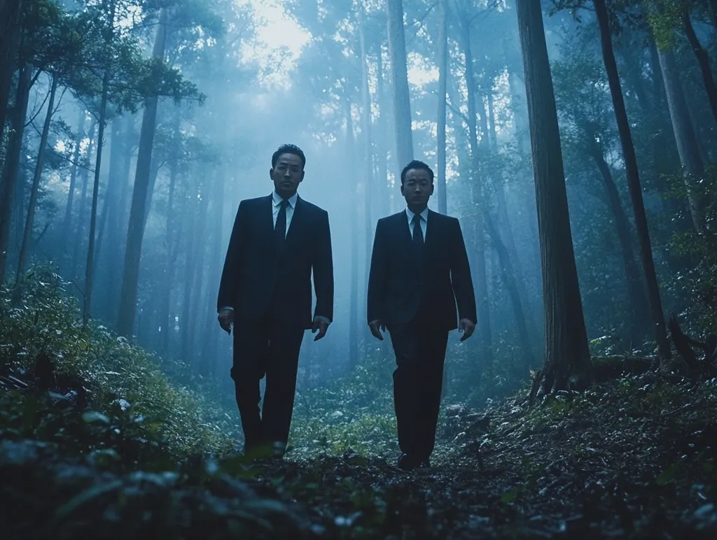 Two men in suits walk through a foggy forest. The trees are tall and thin, and the light is dim. The men are both looking straight ahead, and their expressions are serious. The atmosphere is mysterious and slightly ominous. The image evokes a sense of secrecy and intrigue.