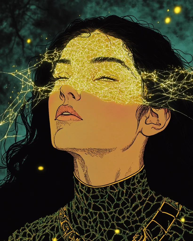 The image portrays a woman with long dark hair, her face partially obscured by a web of glowing yellow lines. Her eyes are closed, suggesting a state of tranquility or contemplation. The intricate web-like pattern evokes a sense of interconnectedness and mystery. The background is a dark, almost black, with a few scattered dots of light, perhaps fireflies or stars. The woman's attire is a dark, patterned garment that appears to be made of woven strands. The overall atmosphere of the image is one of ethereal beauty and quiet introspection.