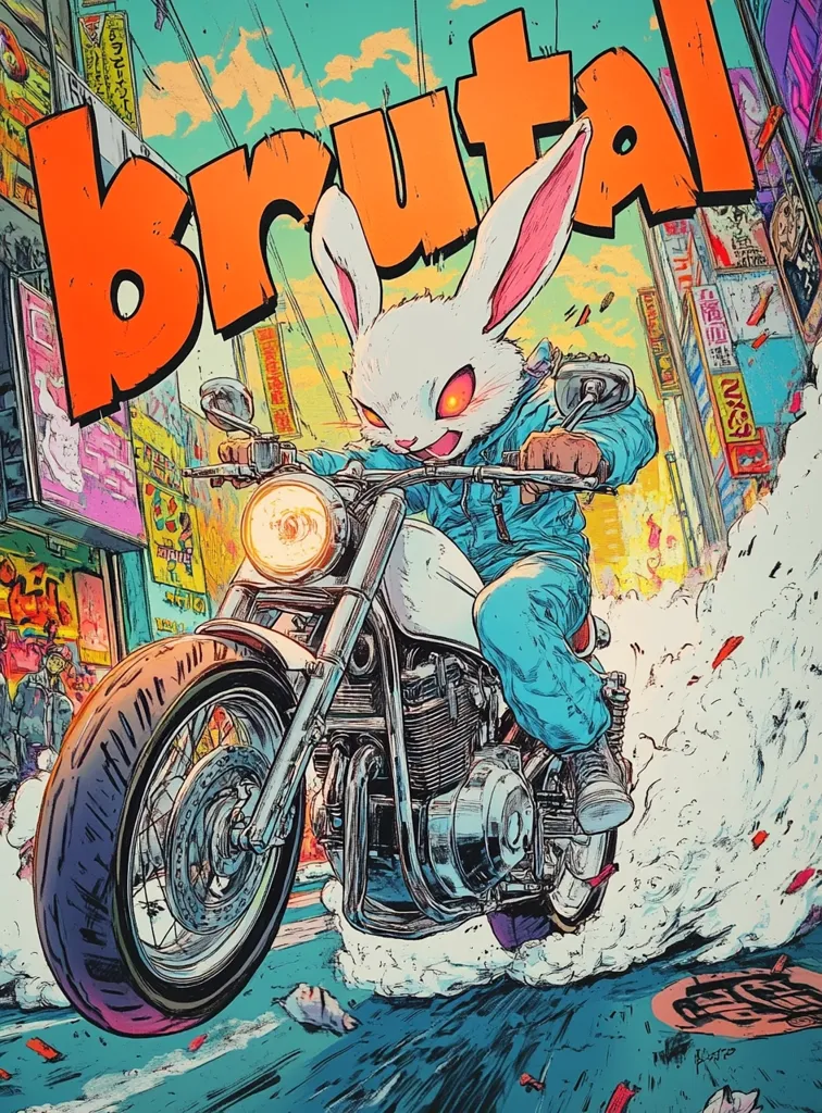 The image is a colorful and stylized illustration of a rabbit riding a motorcycle in a city setting. The rabbit is wearing a blue jumpsuit and has red eyes, and the motorcycle is a classic chopper. The background is filled with buildings and street signs, and the word "brutal" is written in large, orange letters across the top of the image. The overall tone of the image is energetic and aggressive, reflecting the word "brutal". The image seems to be inspired by Japanese manga and anime.