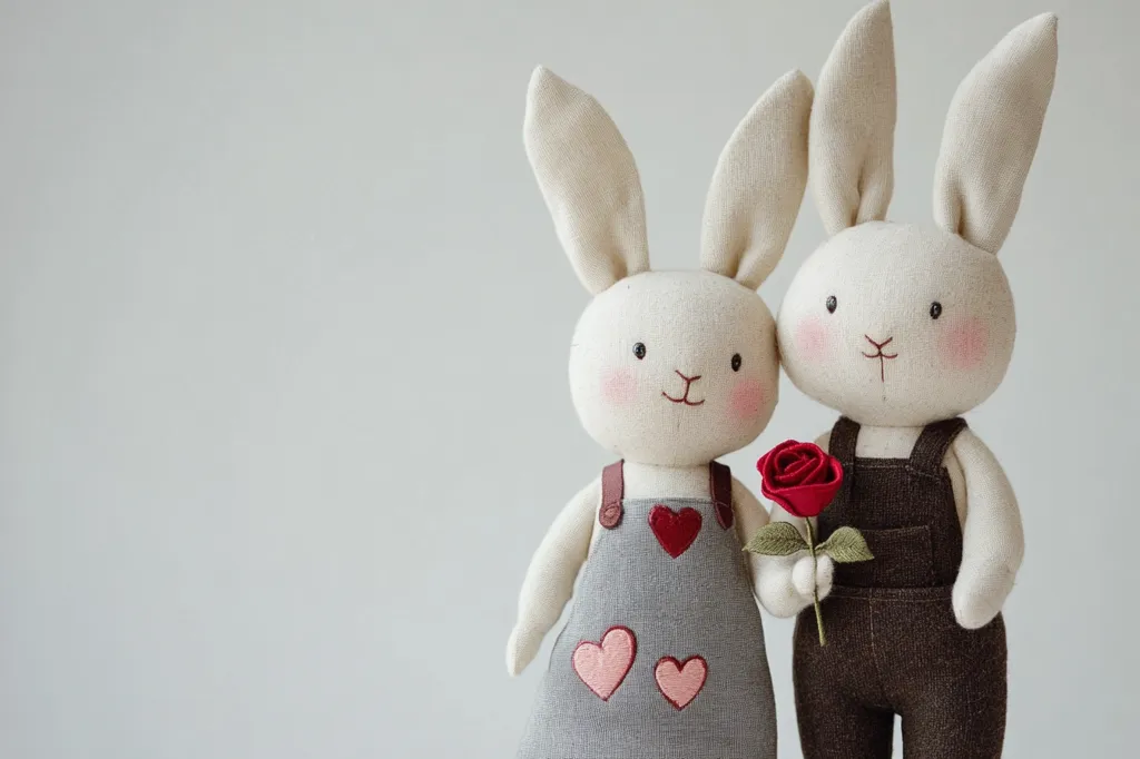 Two cuddly, white bunny plushies are standing side by side against a white background. The bunny on the left is wearing a grey dress with three pink hearts and the bunny on the right is wearing brown overalls. The bunny on the right is holding a single red rose.  The bunnies look like they are a couple, and their sweet expressions make them look like they are in love.