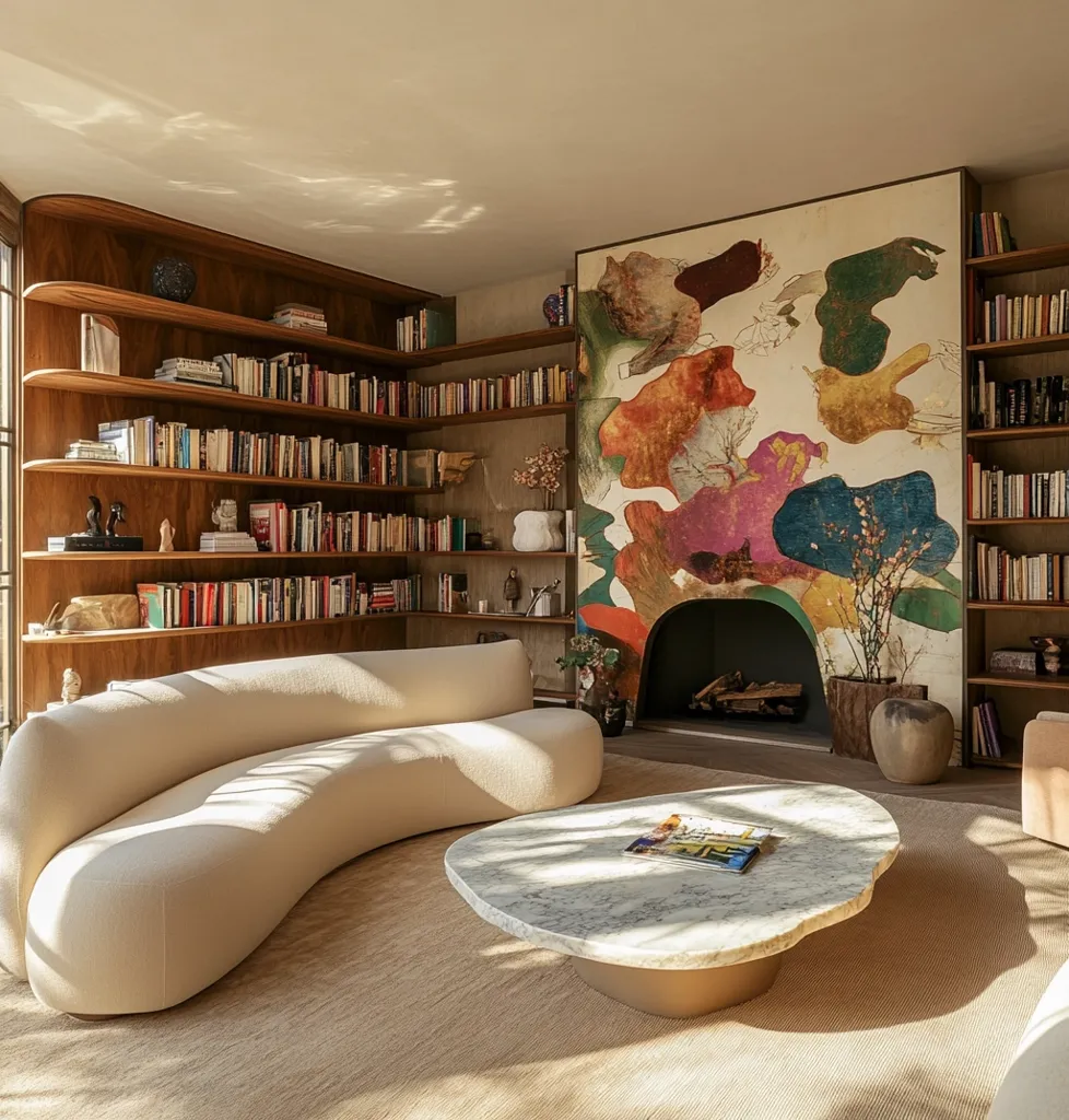 A modern living room with a curved white sofa and a large coffee table made of marble. Behind the sofa is a wall with a large abstract painting in muted colours and a fireplace below. To the left of the sofa, a large wooden bookcase filled with books reaches to the ceiling. The room is bathed in warm, natural light.