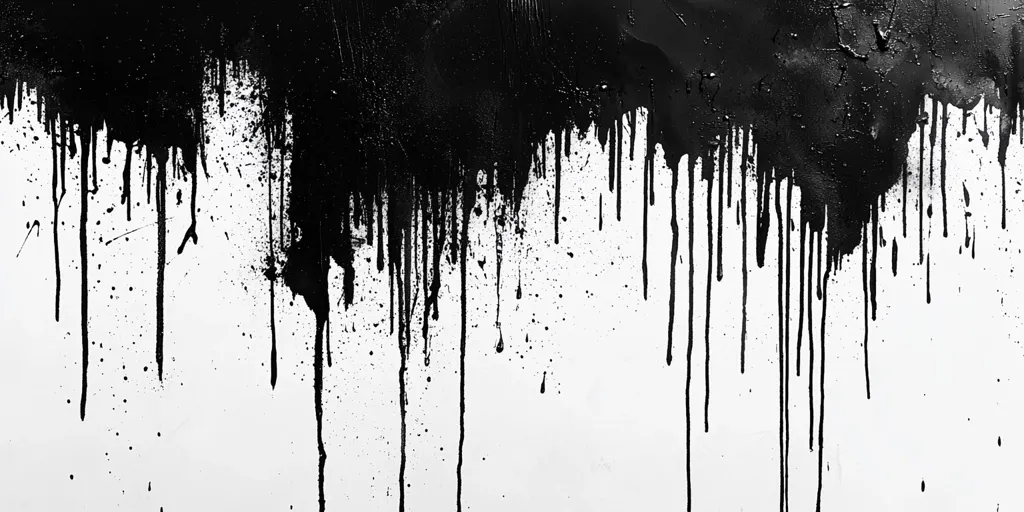 A black paint splatter drips down a white surface, creating a dramatic and abstract design. The thick paint streaks and droplets contrast starkly with the clean white background, suggesting a sense of chaos and energy. The dripping paint appears almost like a waterfall, frozen in time.
