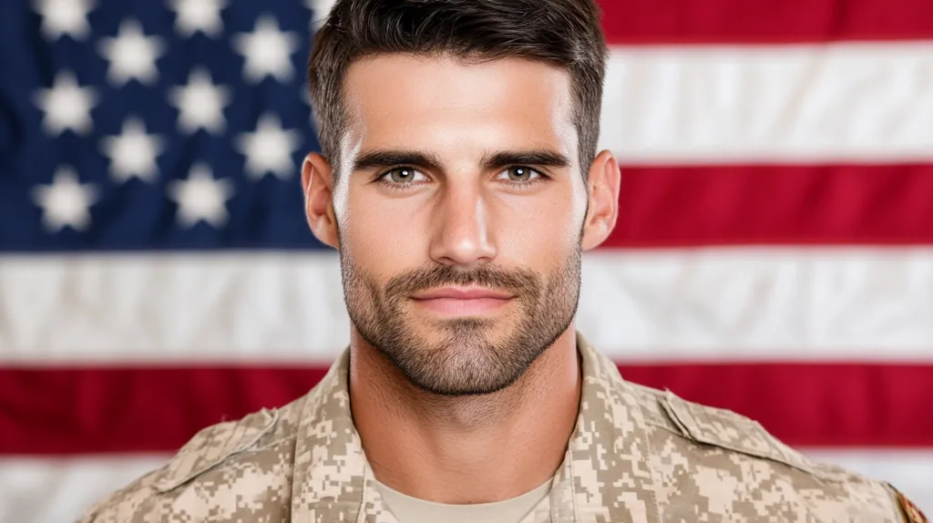 A young man with short brown hair and a beard is wearing a camouflage military uniform. He is standing in front of an American flag and looking directly at the camera with a serious expression. The flag's red, white, and blue colors create a patriotic backdrop for the image. The man's posture and the image's composition emphasize his strength and determination.
