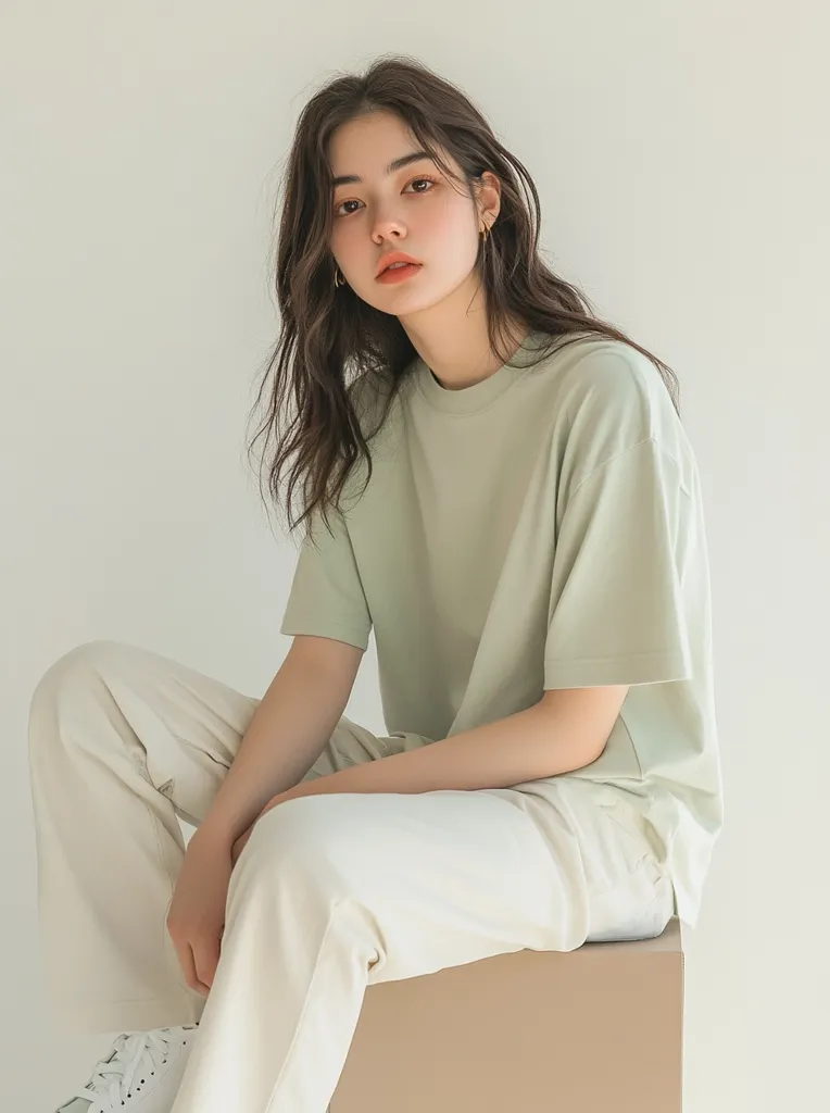 A young woman with long dark hair is sitting on a tan box. She is wearing a light green oversized t-shirt and white pants. Her hair is parted on the side and she is looking directly at the camera. The background is a simple white wall. The image has a minimalist and clean aesthetic.  She has a neutral expression on her face and appears calm and collected.  She is wearing a small gold earring in her right ear.