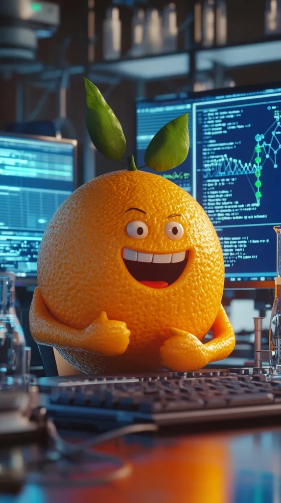 A cartoon orange with a wide smile and large eyes sits in front of a computer, its thumbs up. The orange is positioned in front of a keyboard and computer monitor, suggesting it is working on a computer. The background consists of a dimly lit room with shelves and other computer equipment, creating a playful and humorous scene.