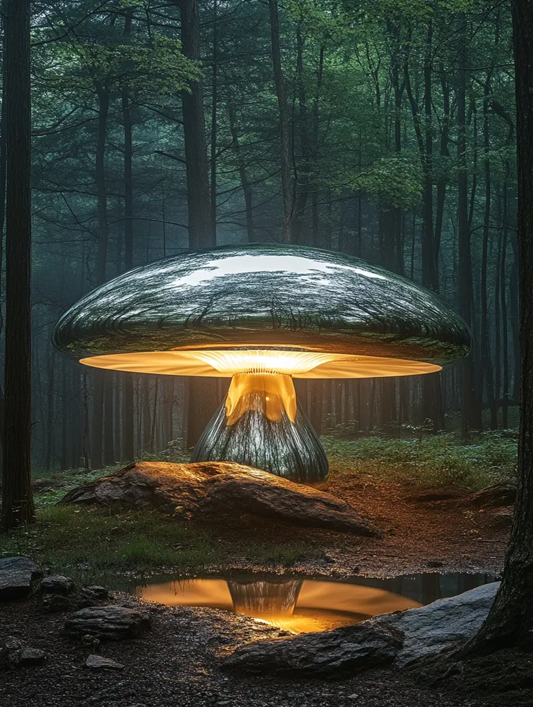 A large, metallic mushroom-shaped lamp sits in a forest clearing. The lamp is lit from within, casting a warm glow on the surrounding trees and a small puddle of water. The forest is shrouded in mist, adding to the ethereal atmosphere. The lamp's reflective surface creates a surreal and otherworldly effect.