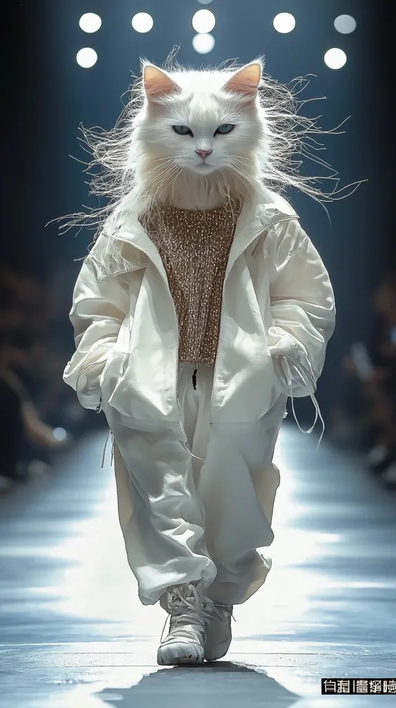 A white cat, dressed in a white jacket and pants, walks down a runway. Its fur is styled in a dramatic way, and it has a serious expression on its face. The cat is wearing white sneakers and is in the midst of a fashion show. The backdrop is a blurred, white surface with a few lights in the background. The image is humorous and playful, suggesting that the cat is a fashion icon.