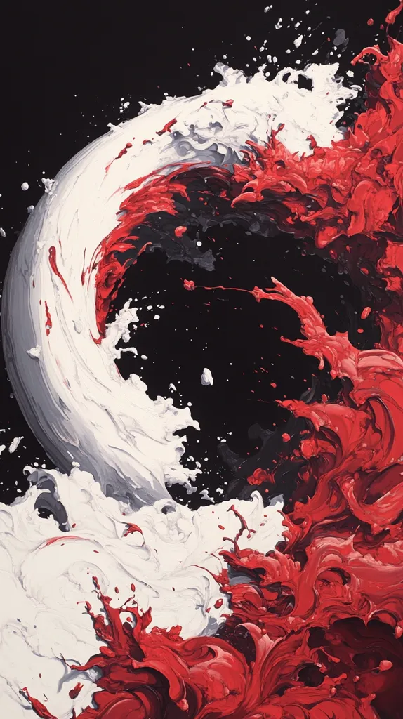 The abstract painting features a swirling, dynamic composition of white and red paint against a black background. The white paint forms a large, curving shape that seems to be erupting with splashes of red. The red paint creates a fiery, chaotic effect that contrasts with the smooth, flowing lines of the white. The interplay of these two colours creates a sense of energy and movement, as if the paint itself is dancing across the canvas.